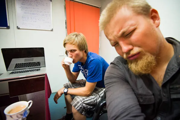 Juho is rehearsing his expressions in the PR office before the boss comes in. Filming was banned everywhere in the area.